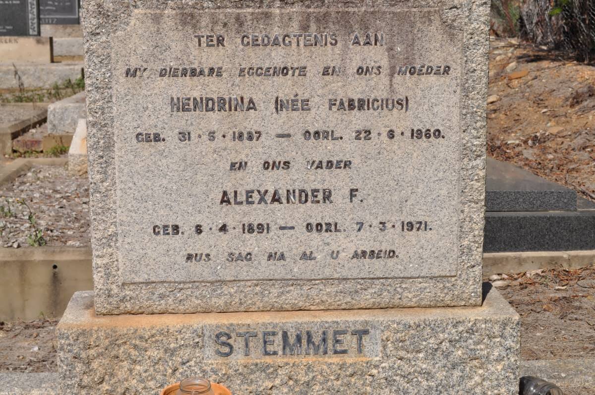 STEMMET Alexander F. 1891-1971 &amp; Hendrina FABRICIUS 1897-1960