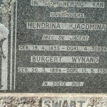 SWART Burgert Wynand 1894-1958 &amp; Hendrina Jacomina DE JAGER 1895-1947