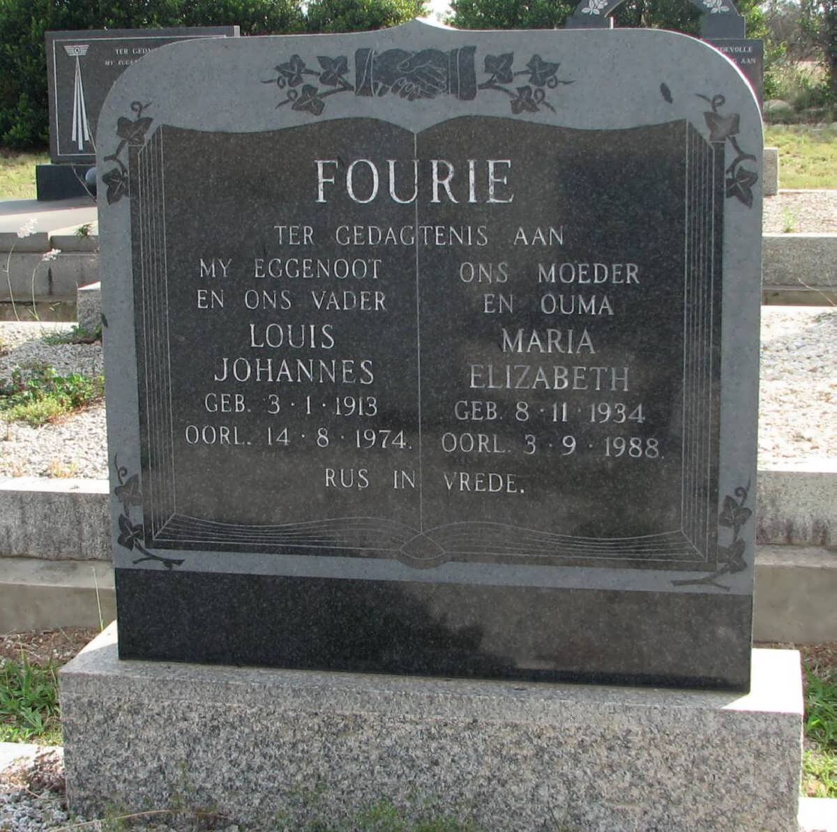 FOURIE Louis Johannes 1913-1974 &amp; Maria Elizabeth 1934-1988