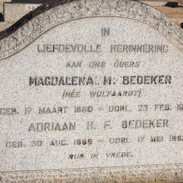 BEDEKER Adriaan H.F. 1869-1962 &amp; Magdalena M. WOLFAARDT 1880-1956