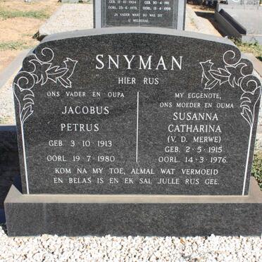 SNYMAN Jacobus Petrus 1913-1980 &amp; Susanna Catharina V.D. MERWE 1915-1976