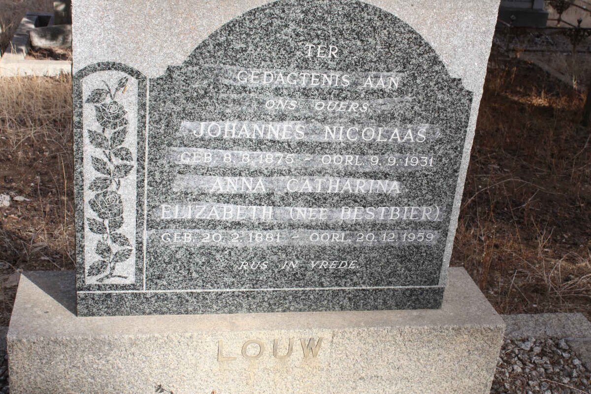 LOUW Johannes Nicolaas 1875-1931 &amp; Anna Catharina Elizabeth BESTBIER 1881-1959