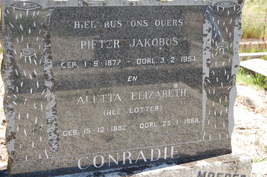 CONRADIE Pieter Jacobus 1872-1954 &amp; Aletta Elizabeth LOTTER 1882-1968