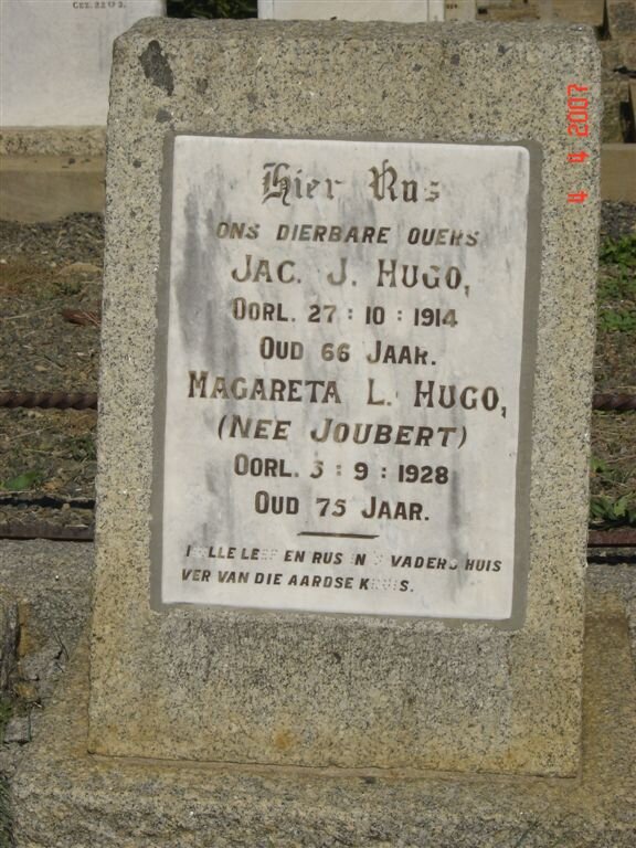 HUGO Jac. J. -1914 &amp; Magareta L. JOUBERT -1928