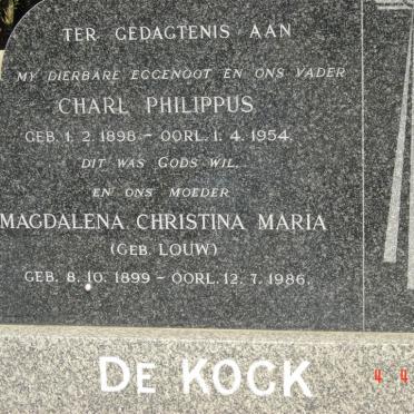 KOCK Charl Philippus, de 1898-1954 &amp; Magdalena Christina Maria LOUW 1899-1986