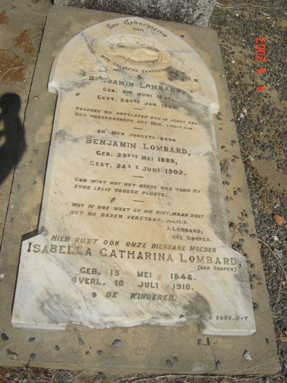 LOMBARD Benjamin 1840-1902 &amp; Isabella Catharina COOPER 1846-1910 :: LOMBARD Benjamin 1889-1902