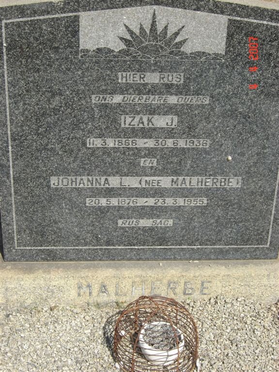 MALHERBE Izak J. 1866-1936 &amp; Johanna L. MALHERBE 1876-1955