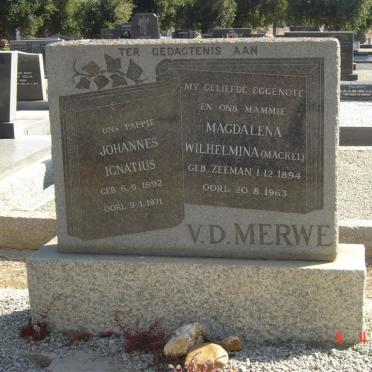 MERWE Johannes Ignatius, v.d. 1892-1971 &amp; Magdalena Wilhelmina ZEEMAN 1894-1963