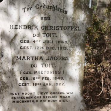 TOIT Hendrik Christoffel, du 1840-1913 &amp; Martha Jacoba PRETORIUS 1848-1922