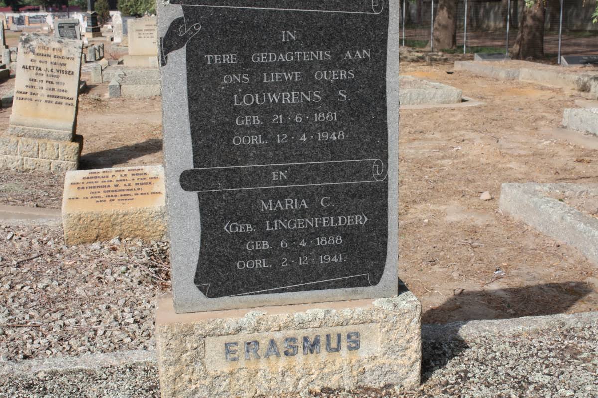 ERASMUS Louwrens S. 1881-1948 &amp; Maria C. LINGENFELDER 1888-1941