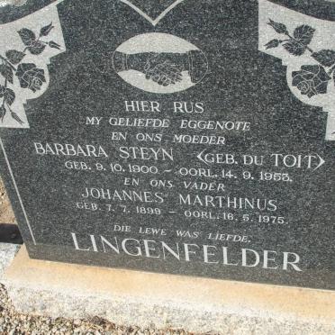 LINGENFELDER Johannes Marthinus 1899-1975 &amp; Barbara Steyn DU TOIT 1900-1953