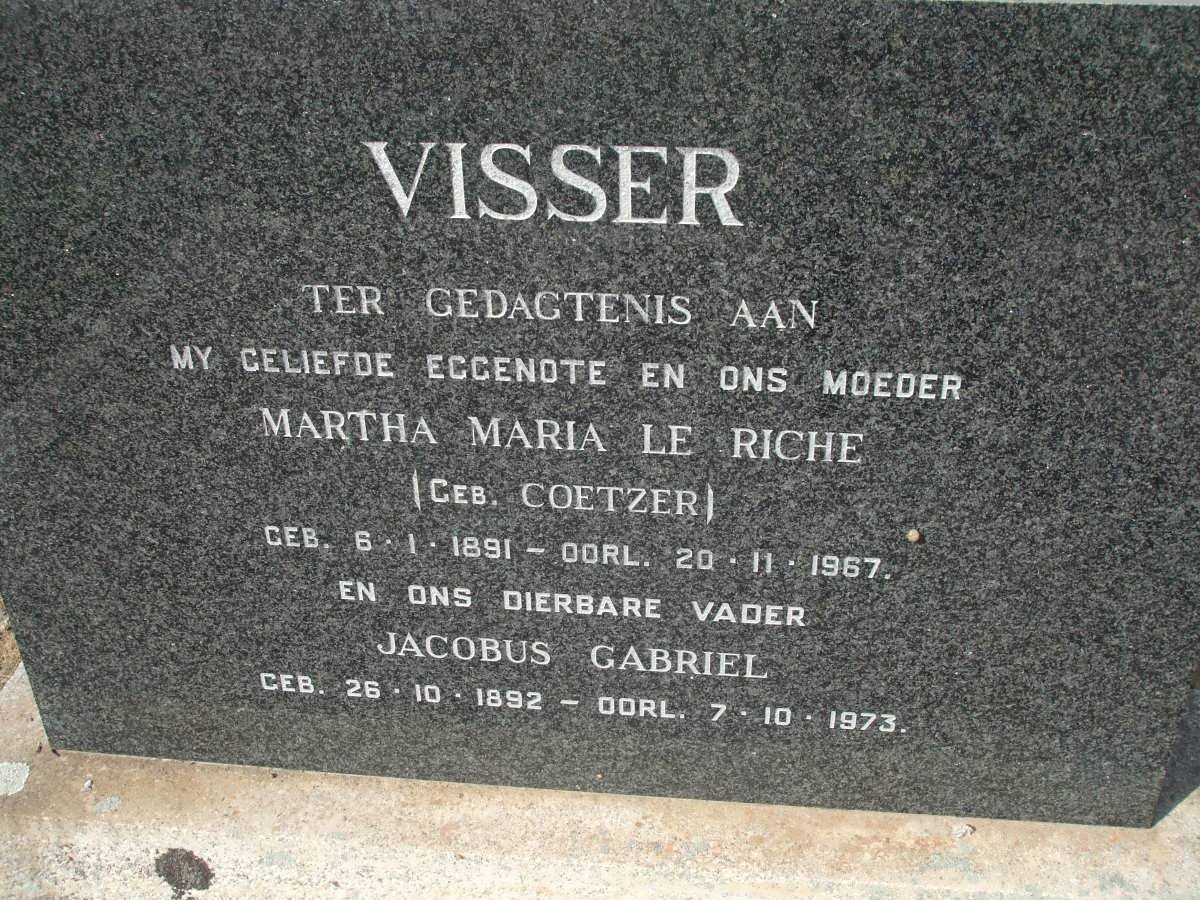 VISSER Jacobus Gabriel 1892-1973 &amp; Martha Maria Le Riche COETZER 1891-1967