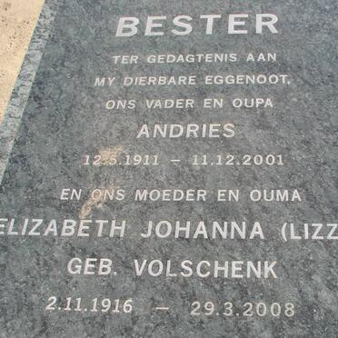 BESTER Andries 1911-2001 &amp; Elizabeth Johanna VOLSCHENK 1916-2008