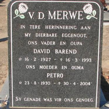 MERWE David Barend, v.d. 1927-1993 &amp; Petro 1930-2004