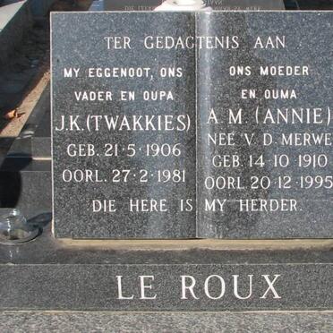 ROUX J.K., le 1906-1981 &amp; A.M. v.d. MERWE 1910-1995