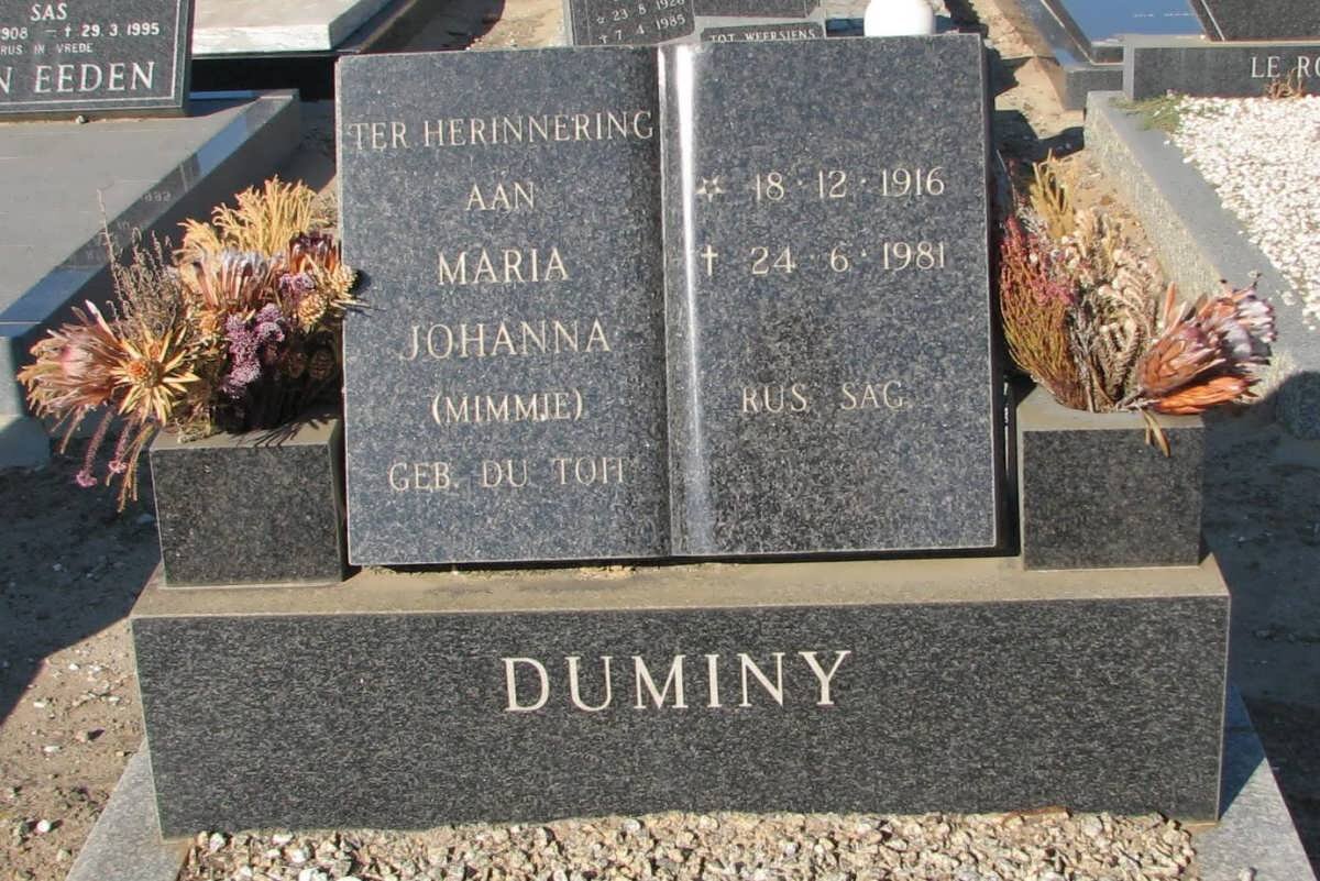 DUMINY Maria Johanna nee du TOIT 1916-1981