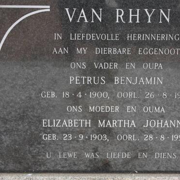 RHYN Petrus Benjamim, van 1900-1979 &amp; Elizabeth Martha Johanna THEART 1903-1990