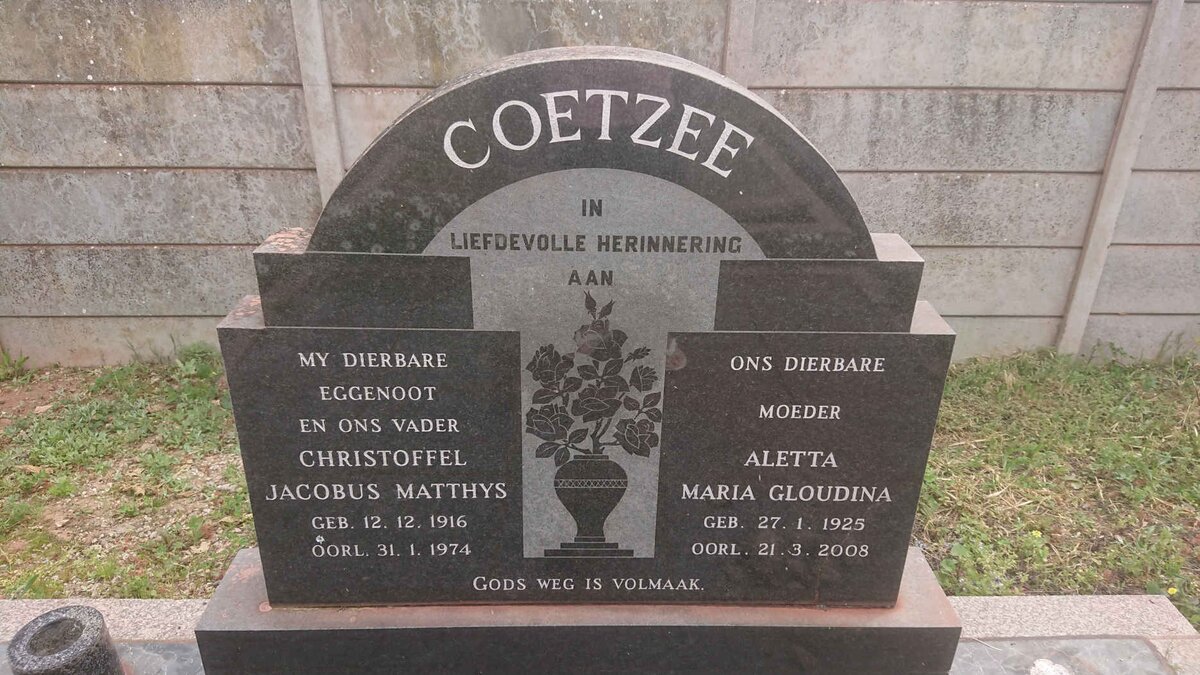 COETZEE Christoffel Jacobus Matthys 1916-1974 &amp; Aletta Maria Gloudina 1925-2008