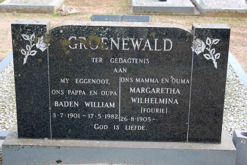 GROENEWALD Baden William 1901-1982 &amp; Margaretha Wilhelmina FOURIE 1905-