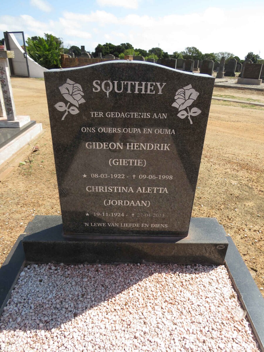 SOUTHEY Gideon Hendrik 1922-1998 &amp; Christina Aletta JORDAAN 1924-2013