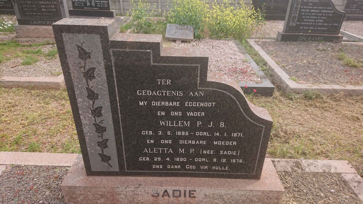 SADIE Willem P.J.B. 1895-1971 &amp; Aletta M.P. SADIE 1890-1976