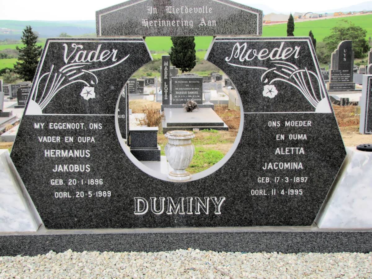 DUMINY Hermanus Jakobus 1896-1989 &amp; Aletta Jacomina 1897-1995