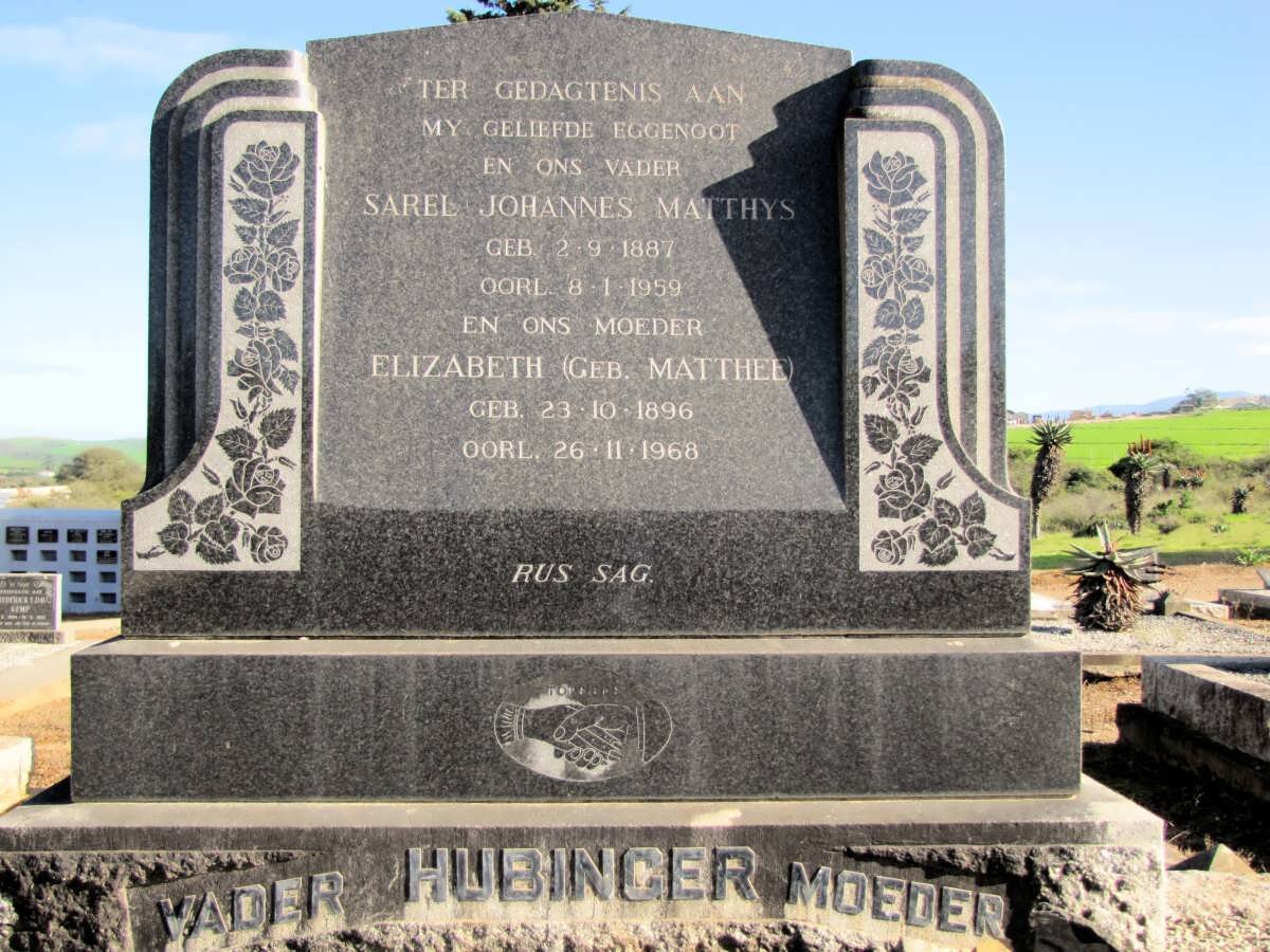 HUBINGER Sarel Johannes Matthys 1887-1959 &amp; Elizabeth MATTHEE 1896-1968