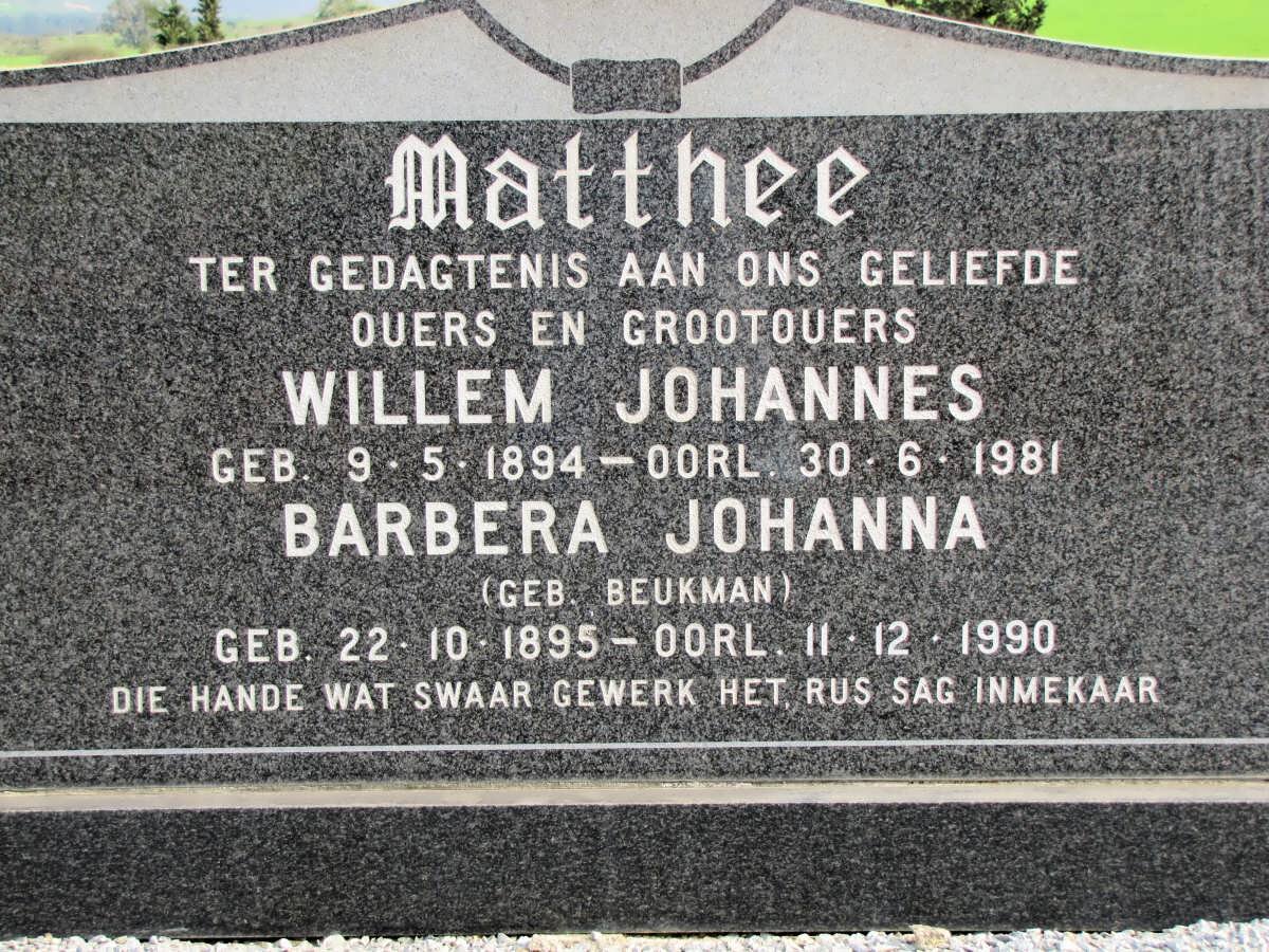 MATTHEE Willem Johannes 1894-1981 &amp; Barbera Johanna BEUKMAN 1895-1990
