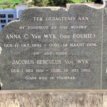 WYK Jacobus Herculus, van 1891-1962 &amp; Anna C. FOURIE 1892-1958
