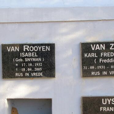 ZYL Karl Frederick, van 1931-2008 :: ROOYEN Isabel, van nee SNYMAN 1932-2005 