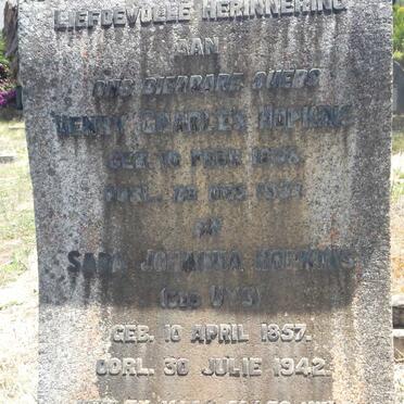 HOPKINS Henry Charles 1856-1934 &amp; Sara Johanna UYS 1857-1942