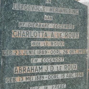 ROUX Abraham J.D., le 1889-1956 &amp; Charlotta A. LE ROUX 1889-1953