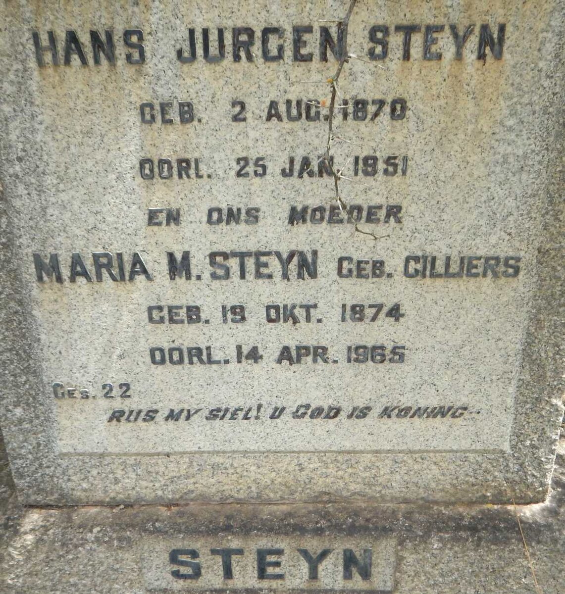 STEYN Hans Jurgen 1870-1951 &amp; Maria M. CILLIERS 1874-1965