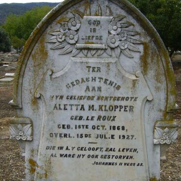 KLOPPER Aletta M. nee LE ROUX 1868-1927
