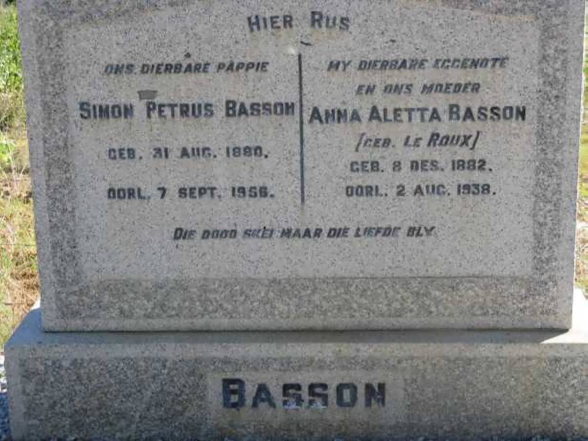 BASSON Simon Petrus 1880-1956 &amp; Anna Aletta LE ROUX 1882-1938
