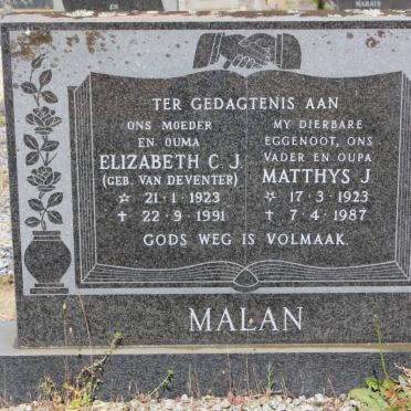 MALAN Matthys J. 1923-1987 &amp; Elizabeth C.J. VAN DEVENTER 1923-1991