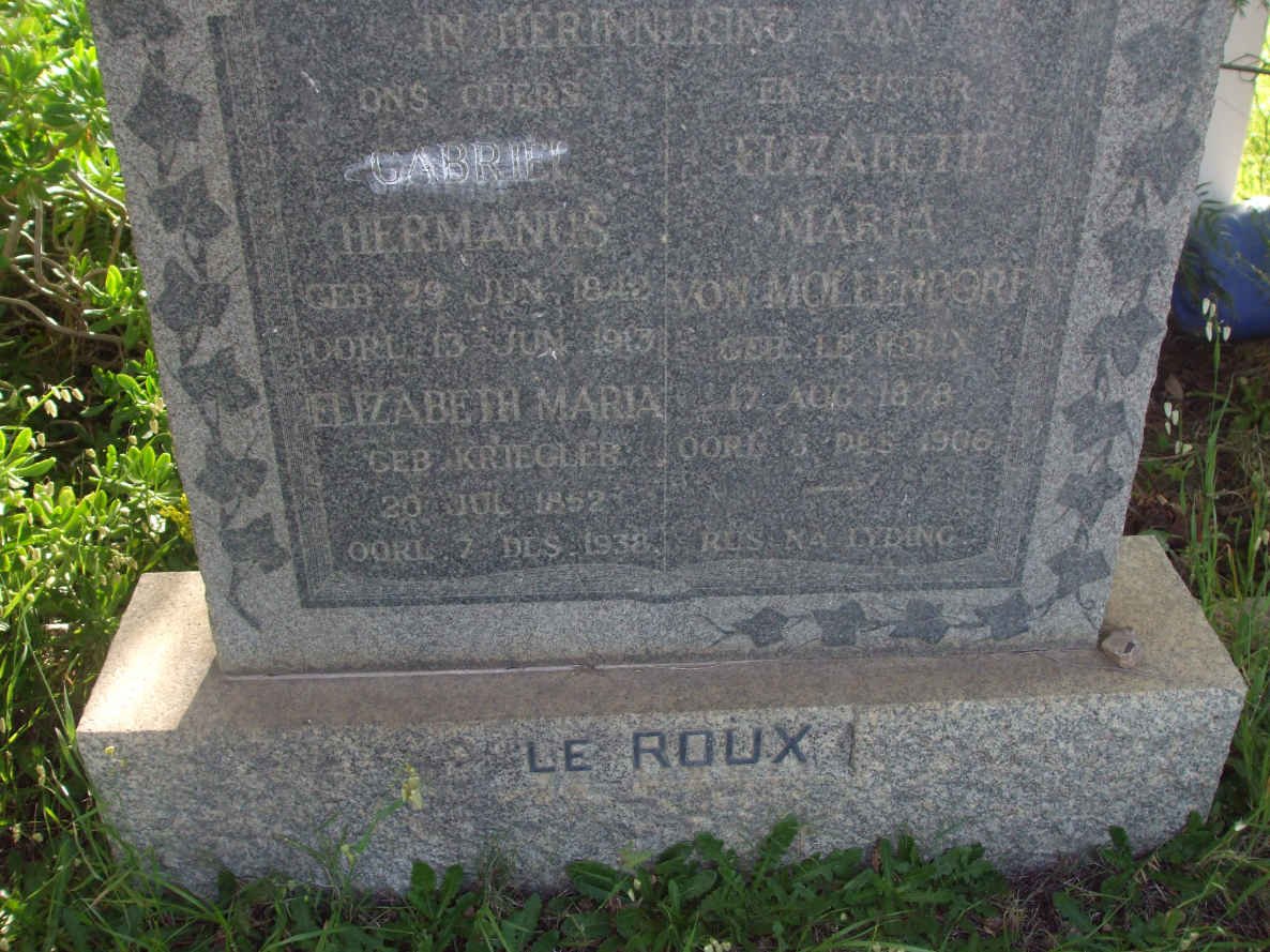 ROUX Gabriel Hermanus,le 1842-1913 &amp; Elizabeth Maria KRIEGLER 1852-1938 :: MOLLENDORF Elizabeth Maria nee LE ROUX 1878-1906
