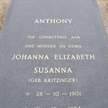 ANTHONY Johanna Elizabeth Susanna nee KRITZINGER 1901-19?4