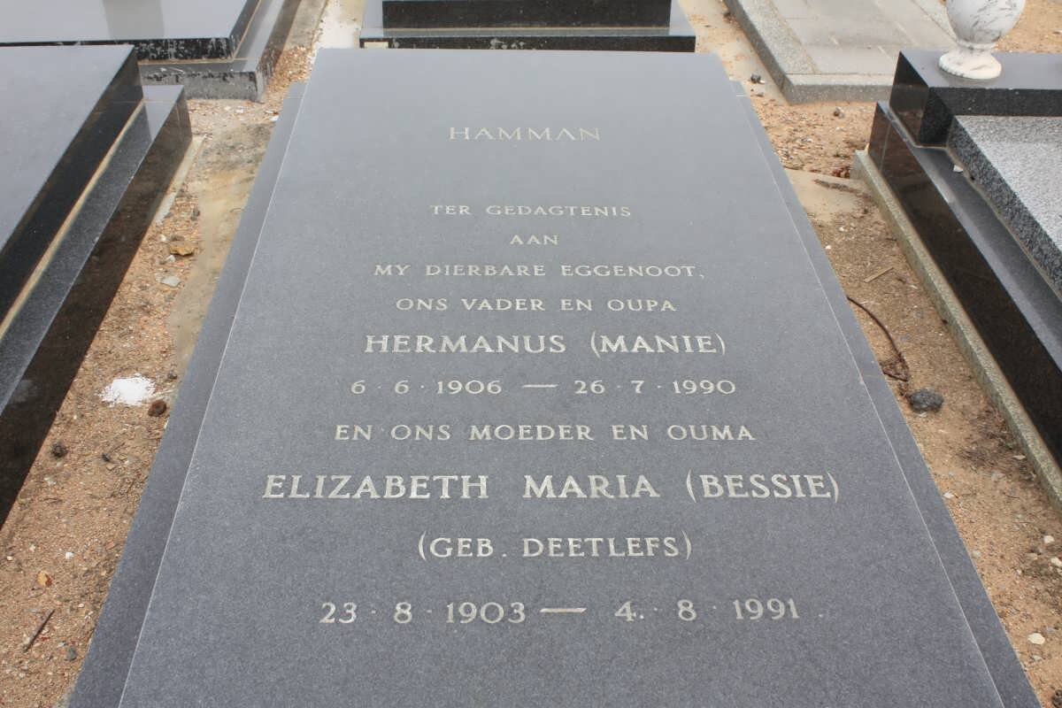 HAMMAN Hermanus 1906-1990 &amp; Elizabeh Maria DEETLEFS 1903-1991
