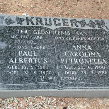 KRUGER Paul Albertus 1889-1977 &amp; Anna Carolina Petronella 1900-1986