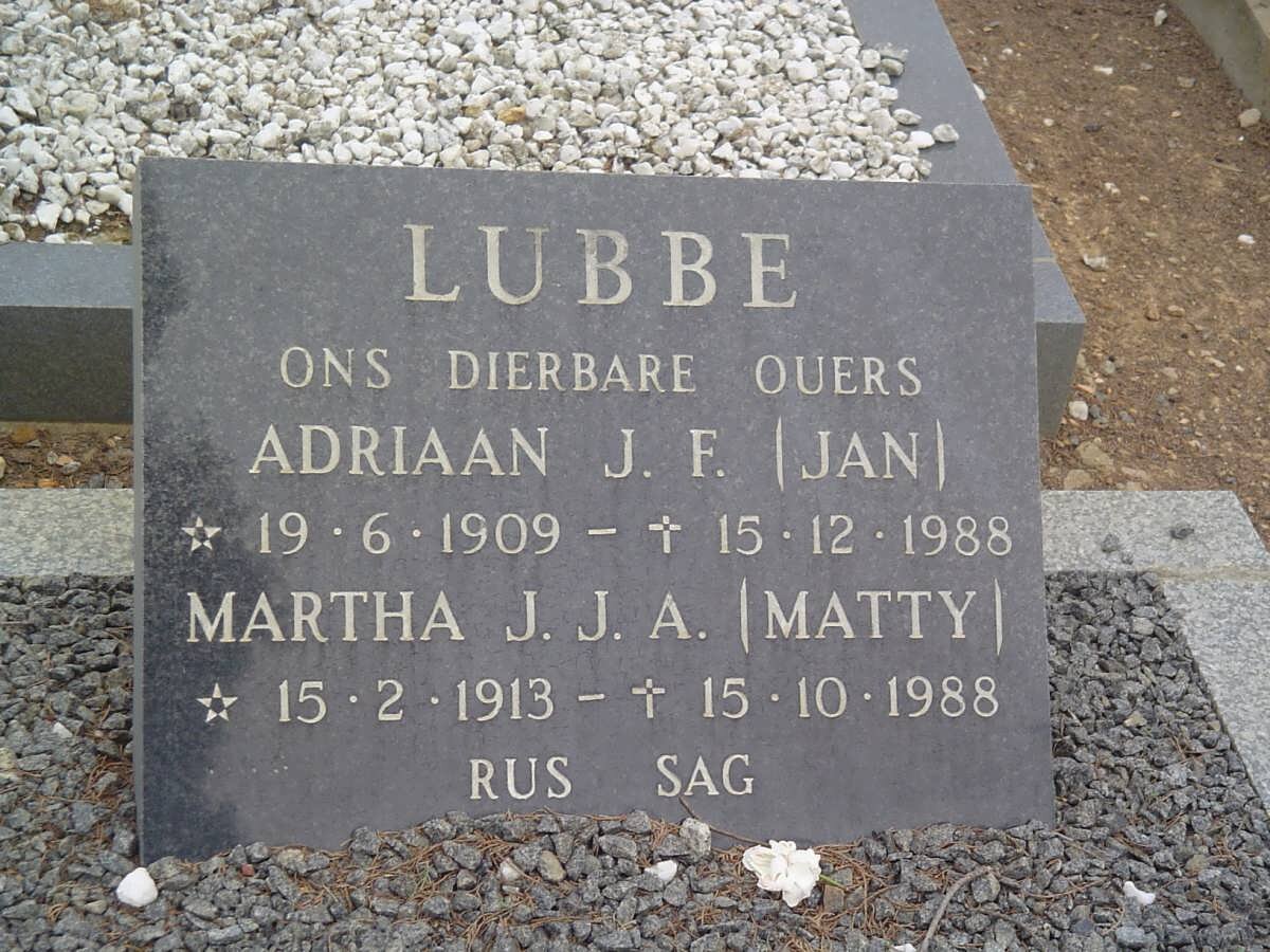 LUBBE Adriaan J.F. 1909-1988 &amp; Martha J.J.A. 1913-1988