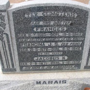 MARAIS Jacobus N. 1871-1950 &amp; Francina J.S. PRINS 1876-1946  :: MARAIS Frances 1903-1942