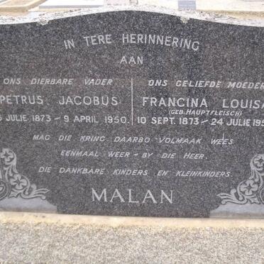MALAN Petrus Jacobus 1873-1950 &amp; Francina Louisa HAUPTFLEISCH 1873-1953