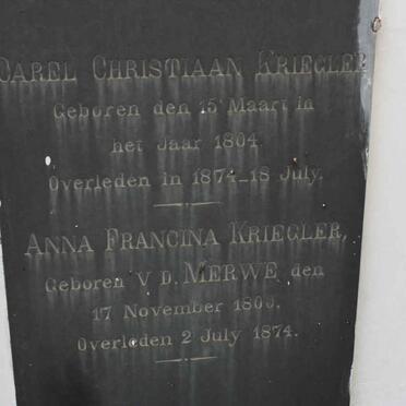 KRIEGLER Carel Christiaan 1804-1874 &amp; Anna Francina VAN DER MERWE 1800-1874