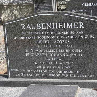 RAUBENHEIMER Pieter Jacobus 1910-1997 &amp; Elizabeth Johanna LOUW 1920-2002