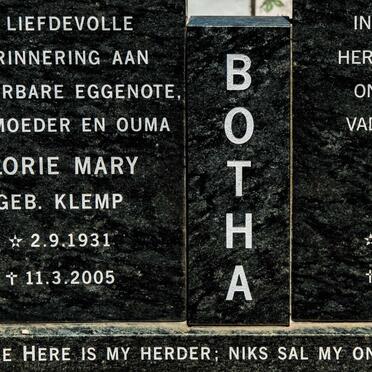 BOTHA Pieter Barend 1935-2006 &amp; Florie Mary KLEMP 1931-2005