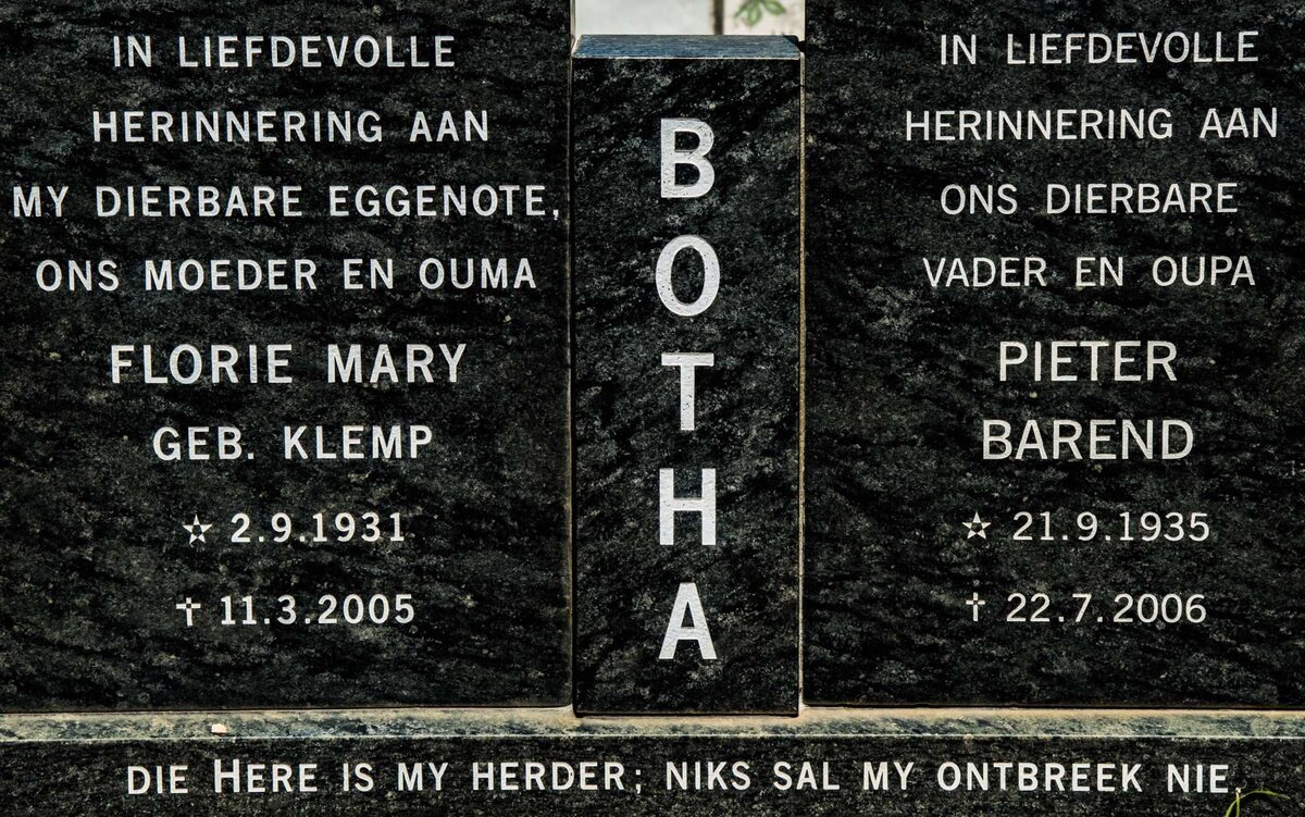 BOTHA Pieter Barend 1935-2006 &amp; Florie Mary KLEMP 1931-2005