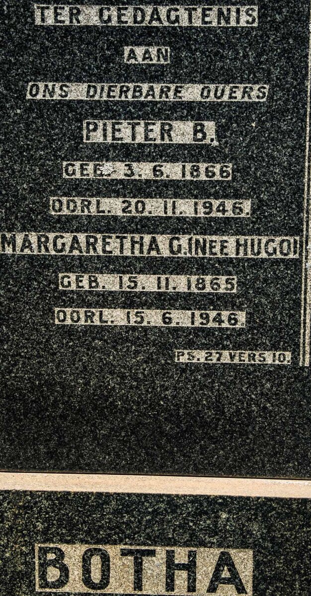 BOTHA Pieter B. 1866-1946 &amp; Margaretha G. HUGO 1865-1946