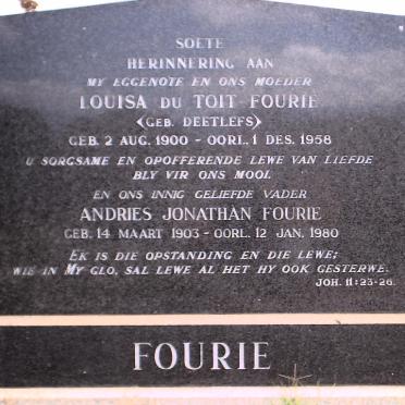 FOURIE Andries Jonathan 1903-1980 &amp; Louisa du Toit DEETLEFS 1900-1958