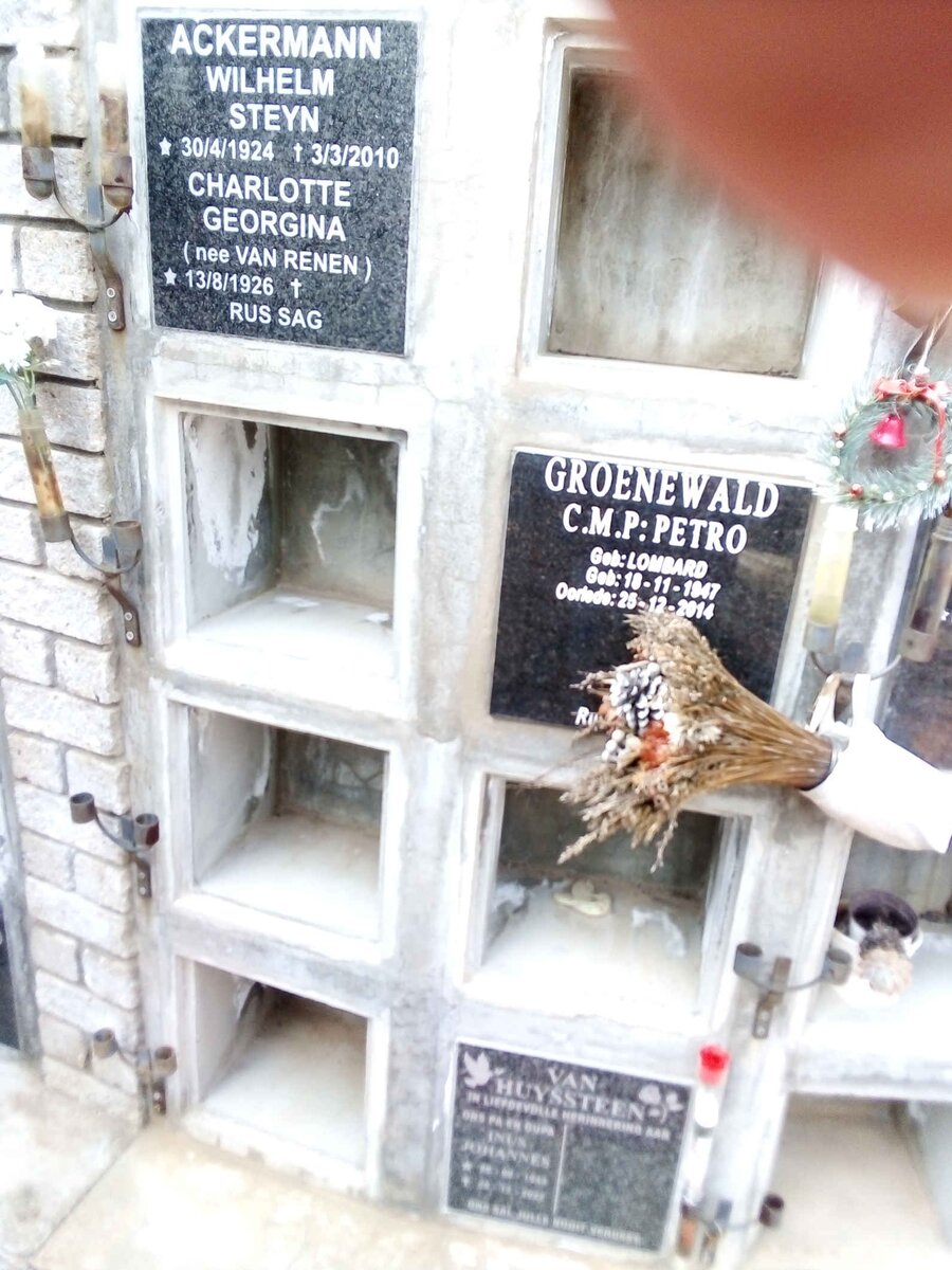 ACKERMANN Wilhelm Steyn 1924-2010 &amp; Charlotte Georgina VAN RENEN 1926- :: GROENEWALD C.M.P. 1947-2014